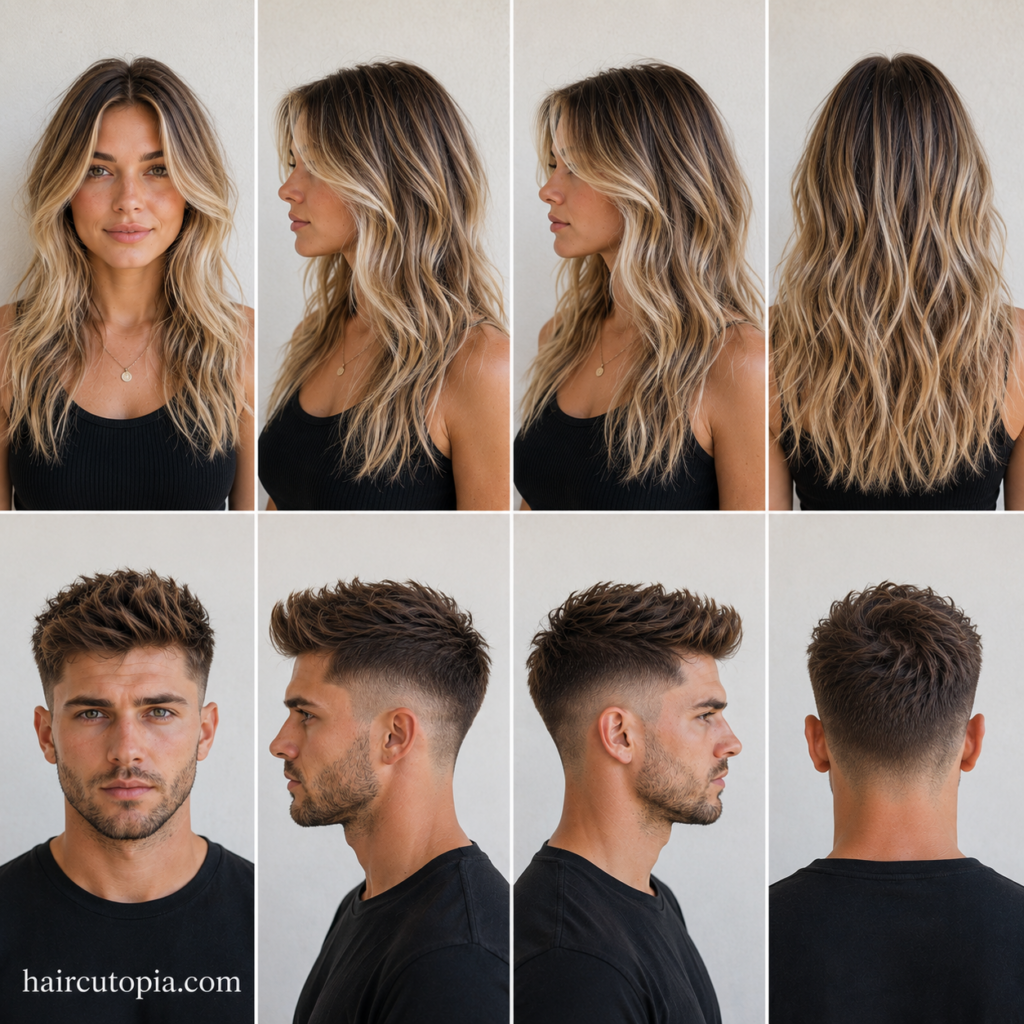 Front, left, right, and back views of popular 2010s hairstyles for a woman and a man