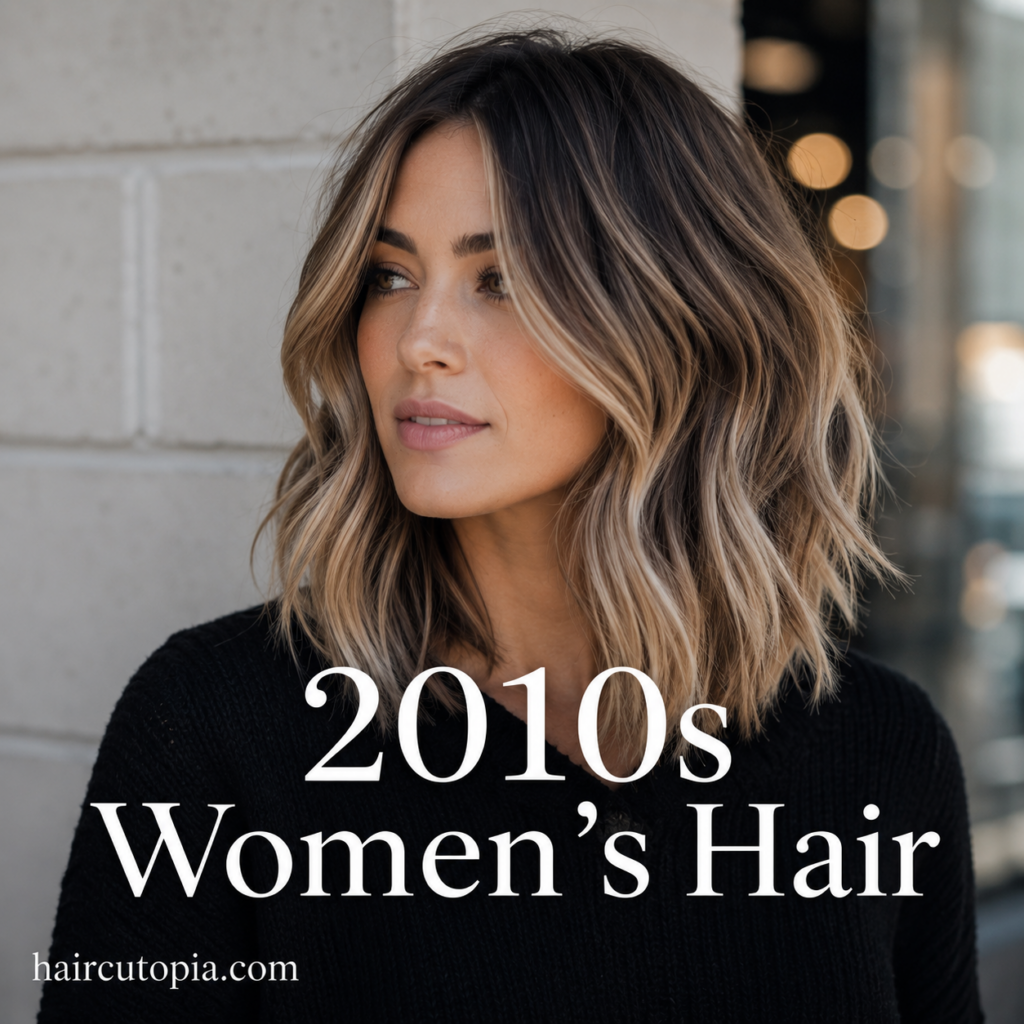Woman with shoulder-length balayage waves representing iconic 2010s women's hair
