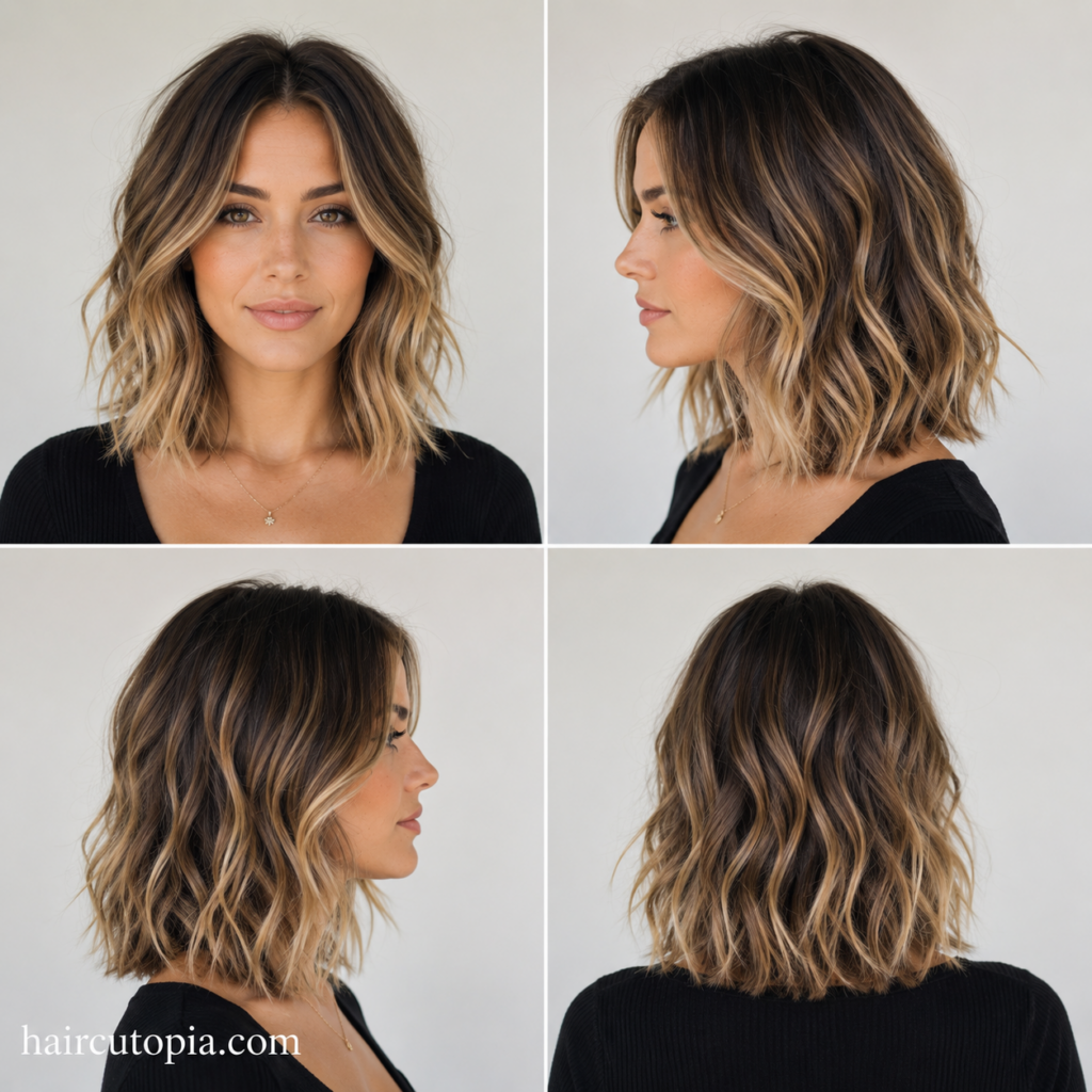 Front, left, right, and back views of a 2010s women's wavy lob hairstyle with balayage