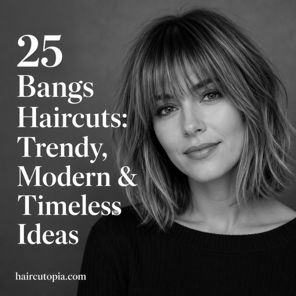 Woman with a modern layered haircut and soft bangs in a black-and-white editorial portrait.