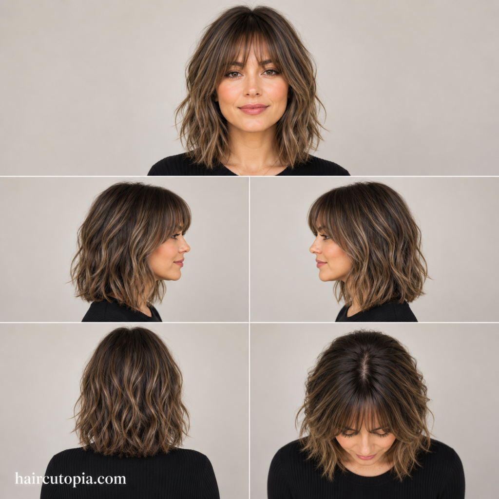 Five-view collage of a woman with a modern layered haircut and curtain bangs shown from the front, left side, right side, back, and top.