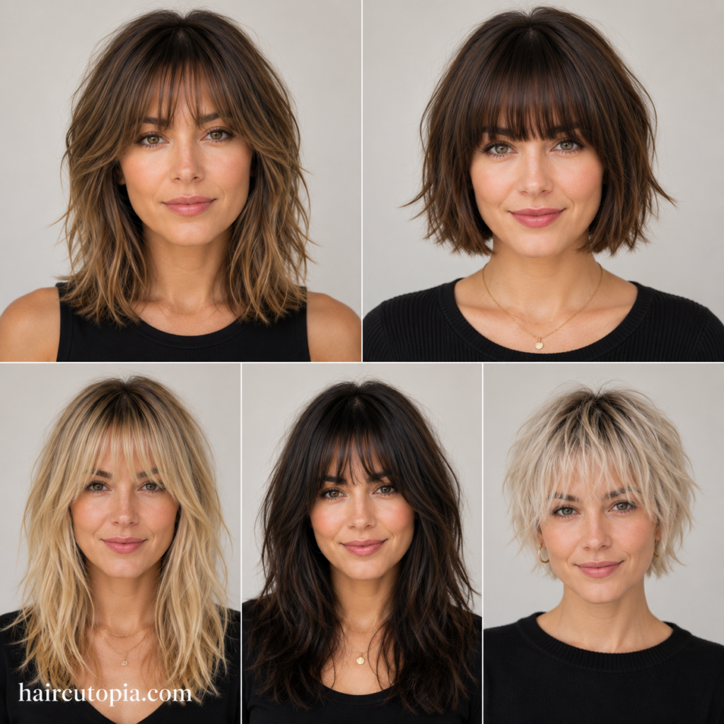 Collage featuring five trendy women's bangs haircuts including curtain bangs, blunt bangs, wispy bangs, layered bangs, and a pixie with bangs.