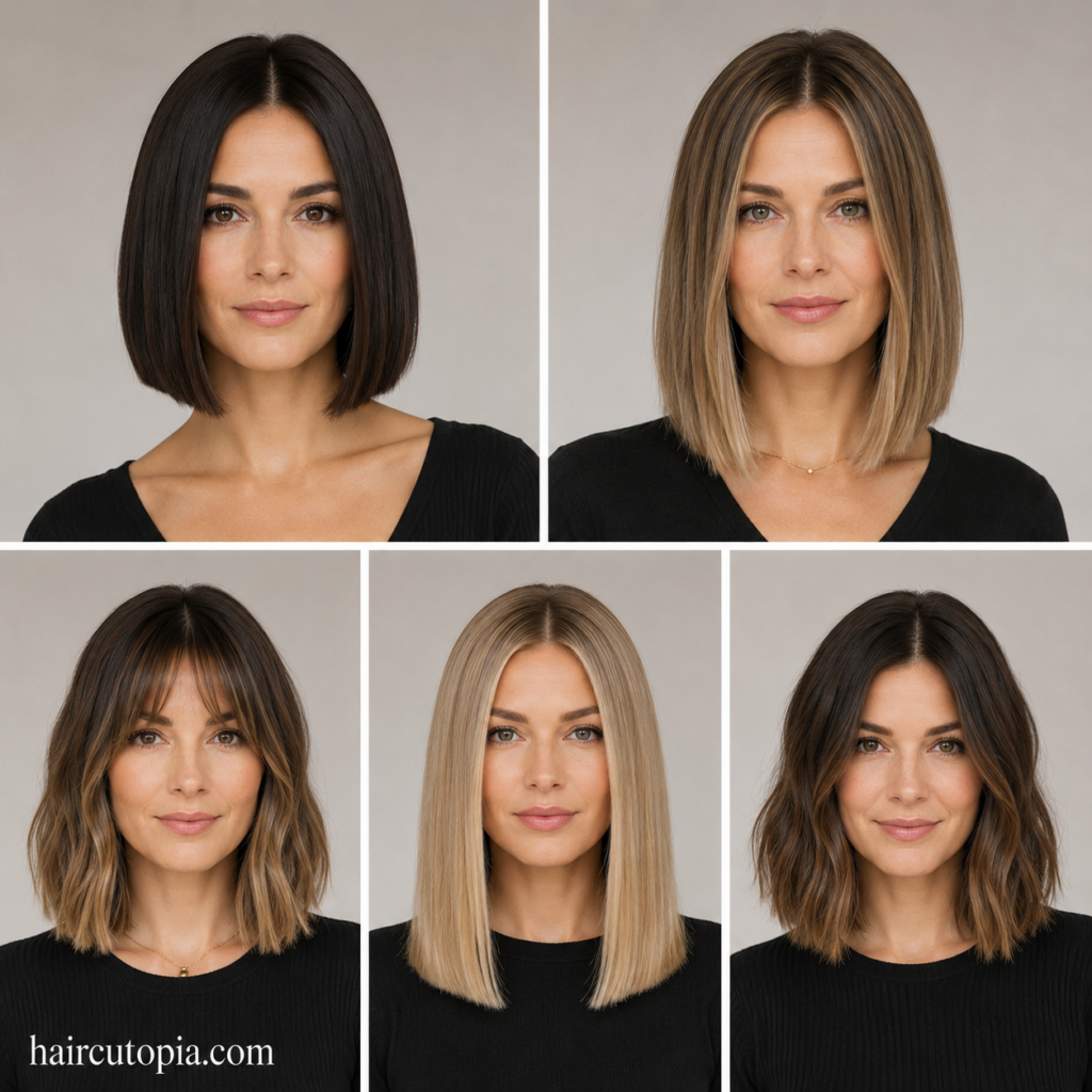 Five front-facing blunt cut hairstyles featuring a classic bob, blunt lob, shoulder-length cut, textured blunt bob, and long blunt haircut.