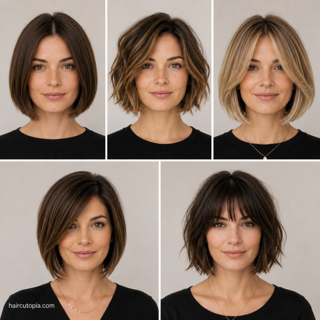 Front-facing collage featuring five trendy bob haircuts including classic, textured, layered, blunt, and French bob hairstyles for women.