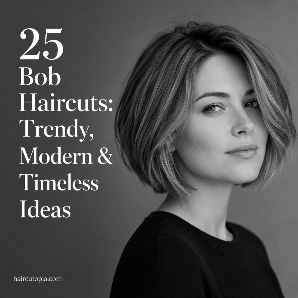 Woman with a modern bob haircut in a black-and-white editorial portrait showcasing a stylish bob hairstyle with the title 25 Bob Haircuts: Trendy, Modern and Timeless Ideas.