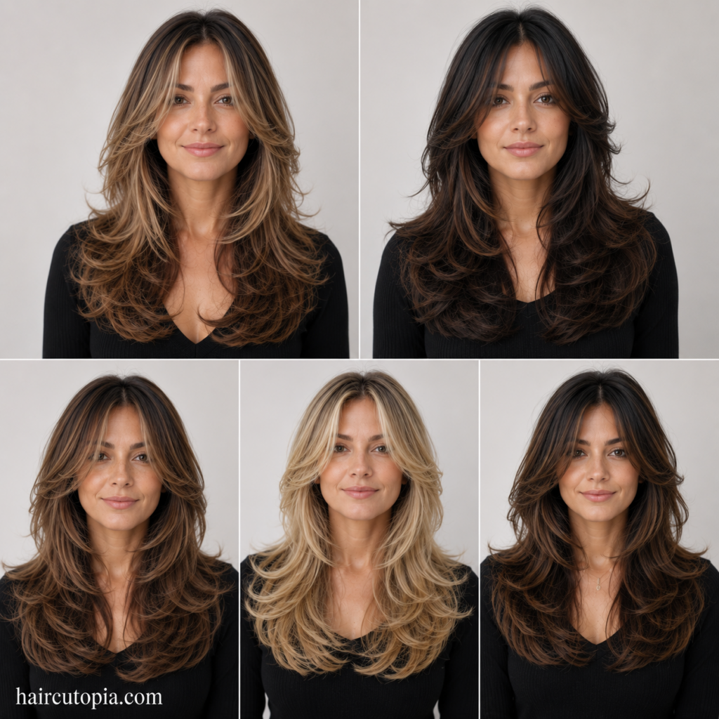 Five front-facing butterfly haircut styles showing different layered looks and face-framing variations.