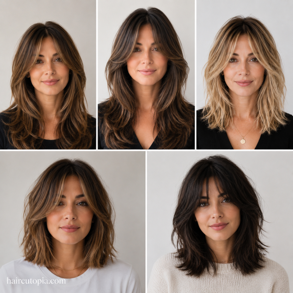 Five-panel collage featuring five women with different curtain bangs haircuts, all shown from the front against a clean studio background.