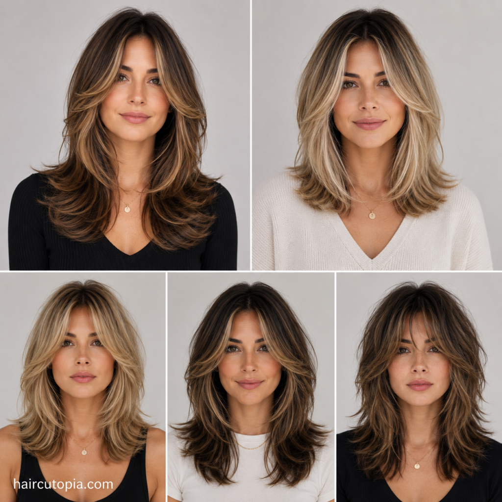 Five front-facing women with different face-framing layered haircuts displayed in a collage, showcasing trendy layered hairstyle variations.