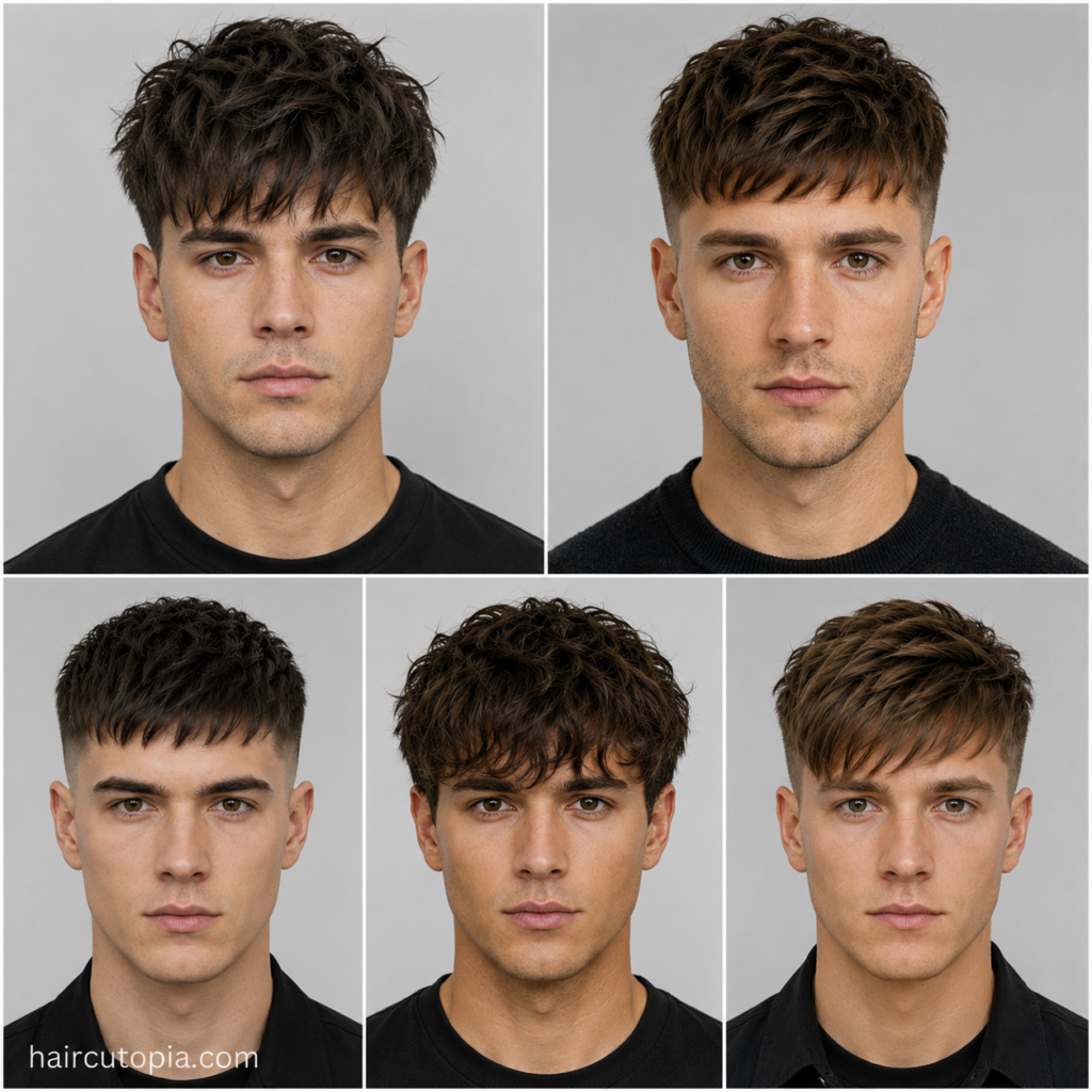 Five front-facing men's fringe haircuts featuring textured, French crop, side-swept, wavy, and modern taper fringe styles in a hairstyle collage.