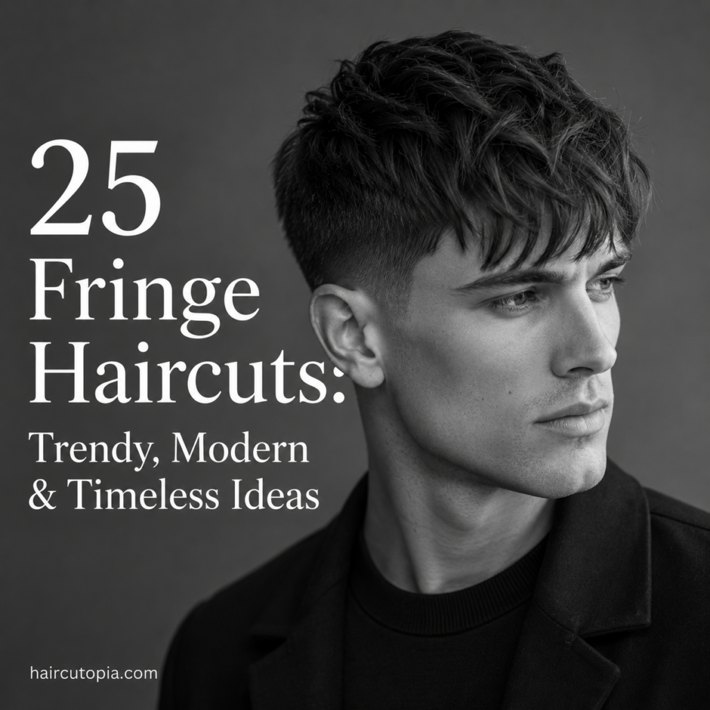 Man with a modern textured fringe haircut in a black-and-white editorial portrait for 25 trendy, modern, and timeless fringe haircut ideas.