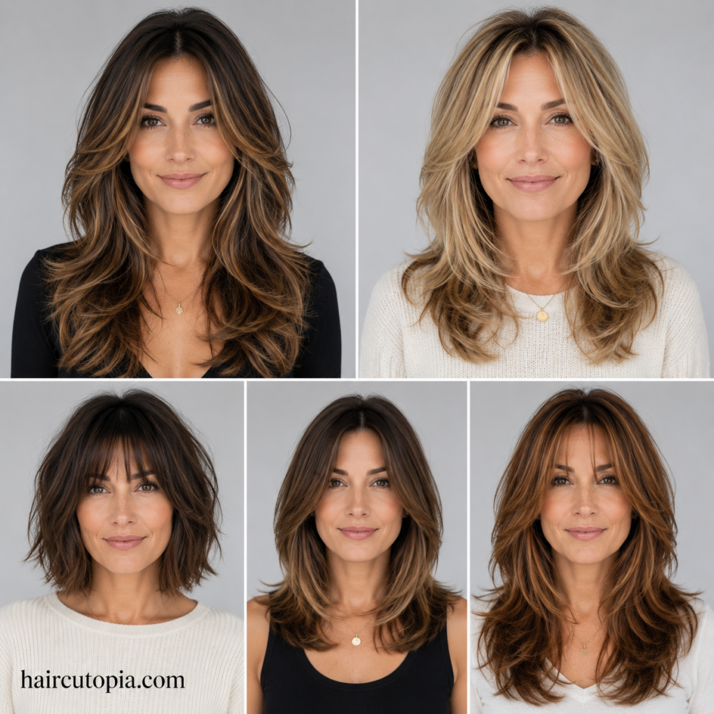 Five-panel collage featuring five front-facing women with different layered haircut styles, including long layers, butterfly layers, a layered bob, shoulder-length layers, and textured medium layers.