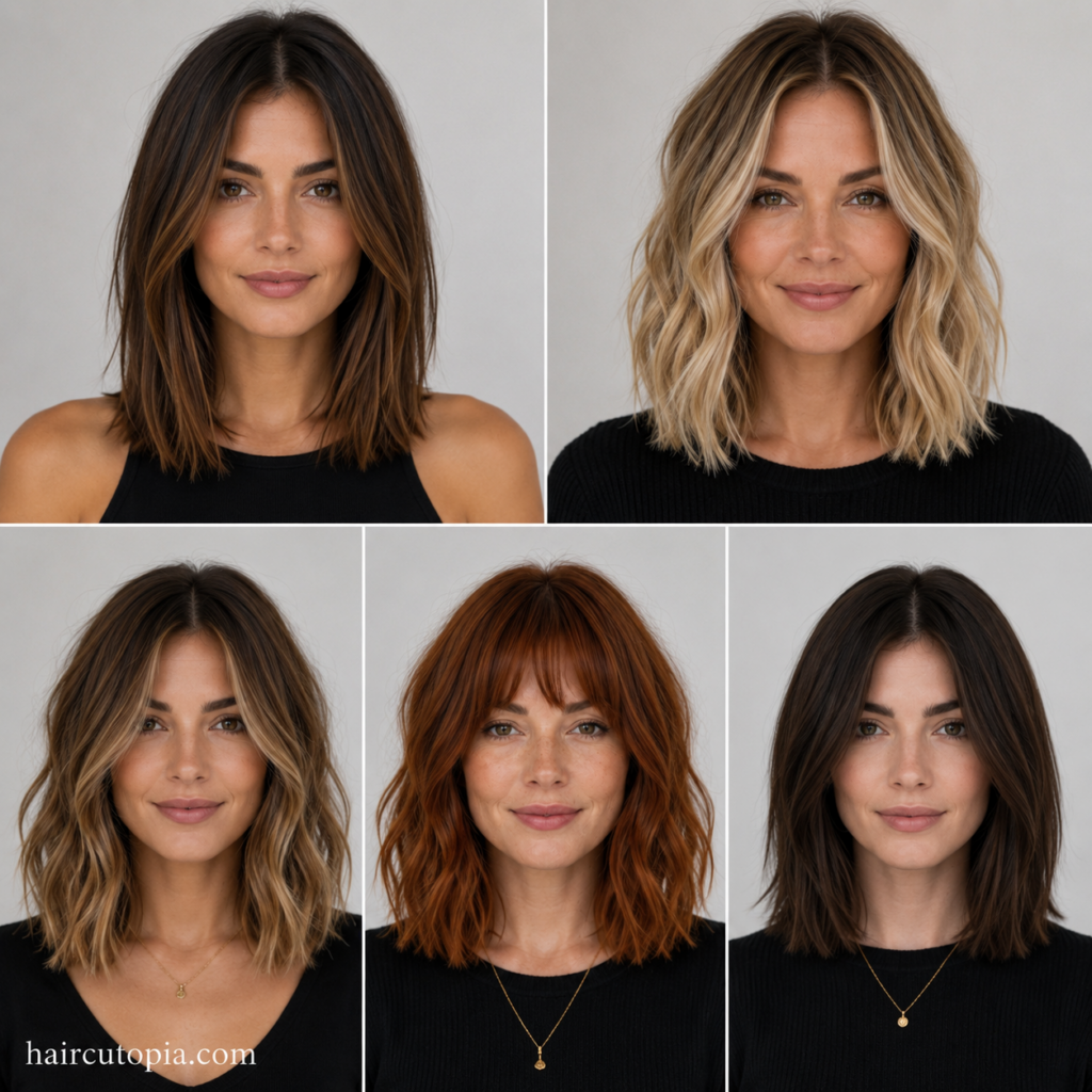 Five-panel collage featuring five trendy front-facing lob haircut styles, including classic, blunt, textured, wavy, and copper long bob variations.