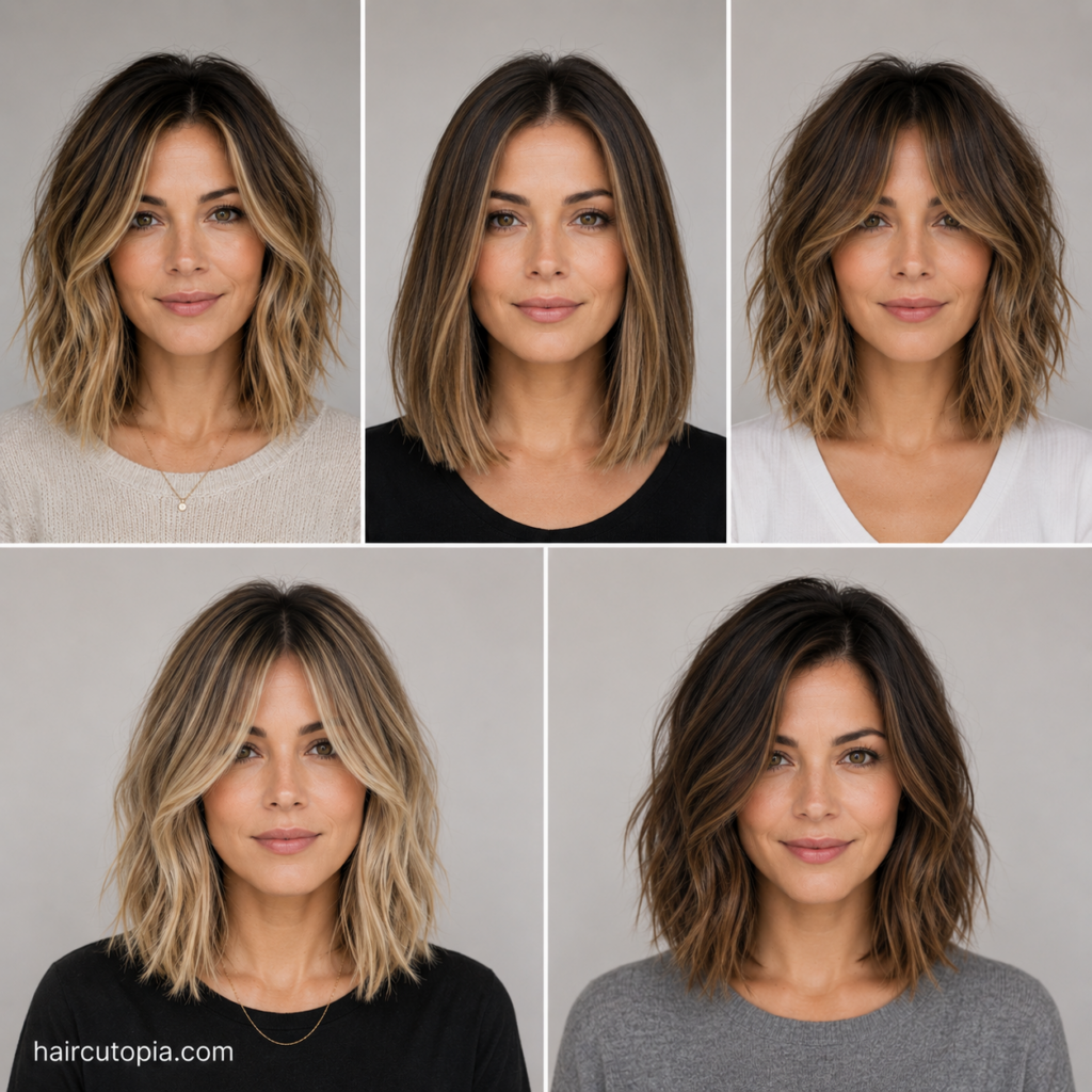 Five-panel collage featuring five front-facing women with different long bob haircut styles, including blunt, layered, textured, wavy, and curtain bang lobs.