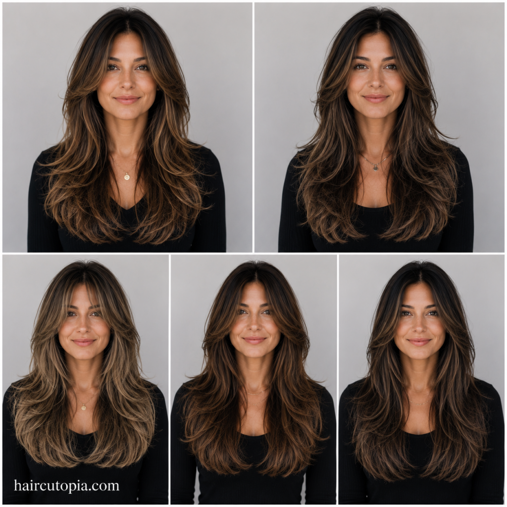 Five front-facing portraits showcasing trendy long layered haircuts with modern face-framing layers and soft movement.