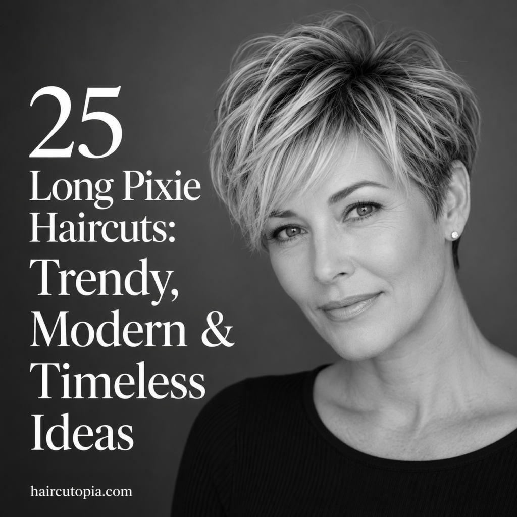 Modern long pixie haircut with layered texture, crown volume, and soft side-swept bangs.
