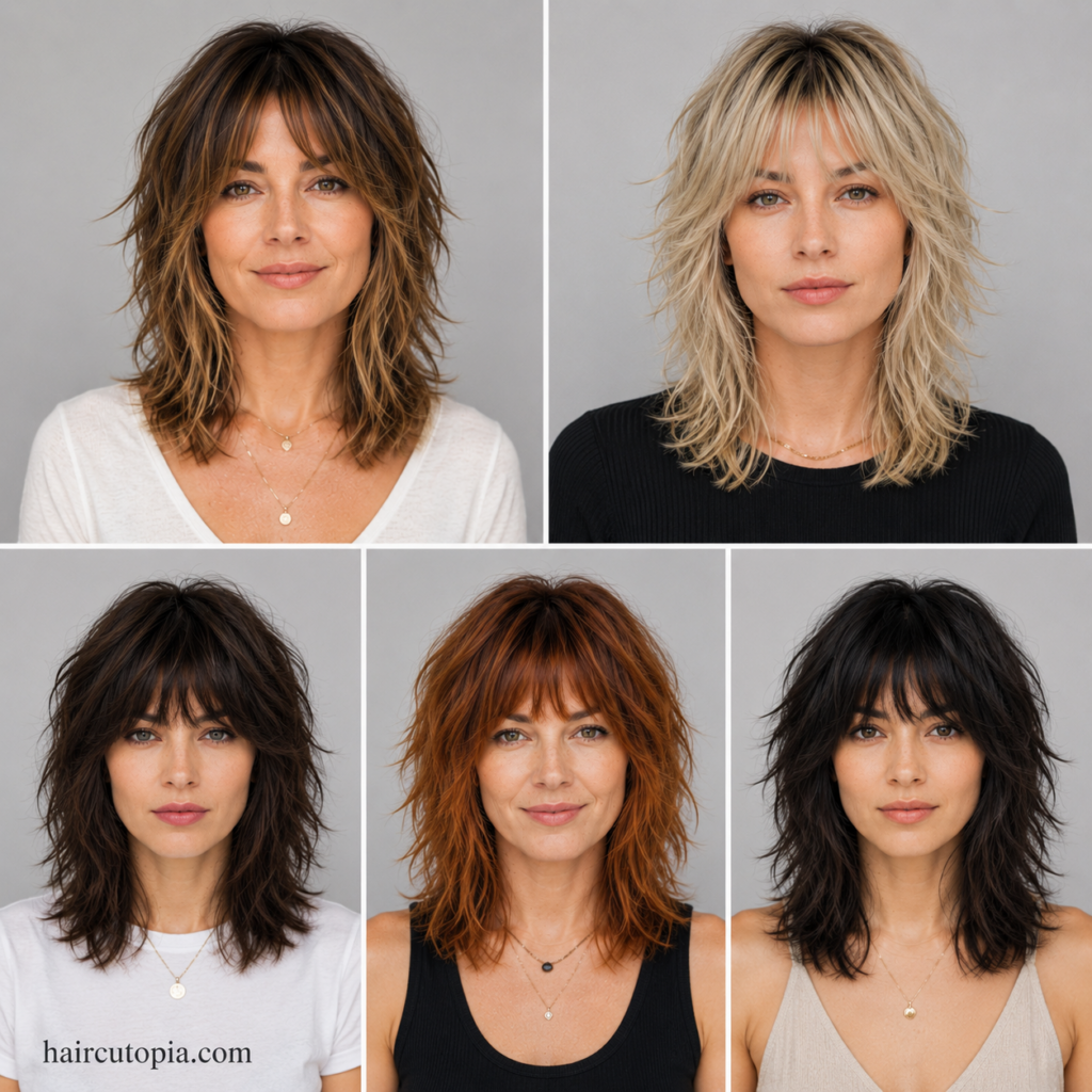 Collage featuring five front-facing women with different modern shag haircuts, including shoulder-length, blonde, textured, wispy bang, and layered shag styles.