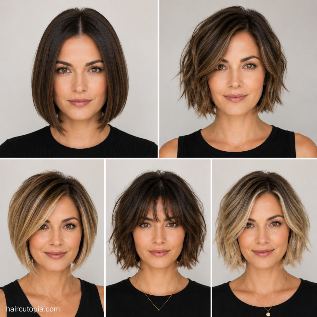 Collage featuring five front-facing short bob haircuts including classic, layered, textured, French, and angled bob styles for women.
