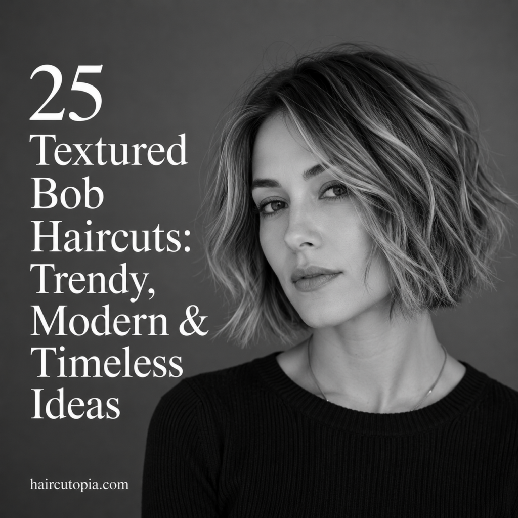 Woman with a textured bob haircut featuring soft layers, natural movement, and a black-and-white editorial studio portrait.