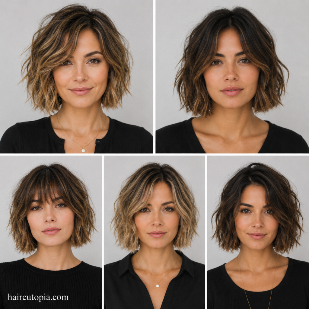 Five front-facing textured bob haircuts showcasing different modern styles, including layered, wavy, French, curtain bangs, and tousled bobs.