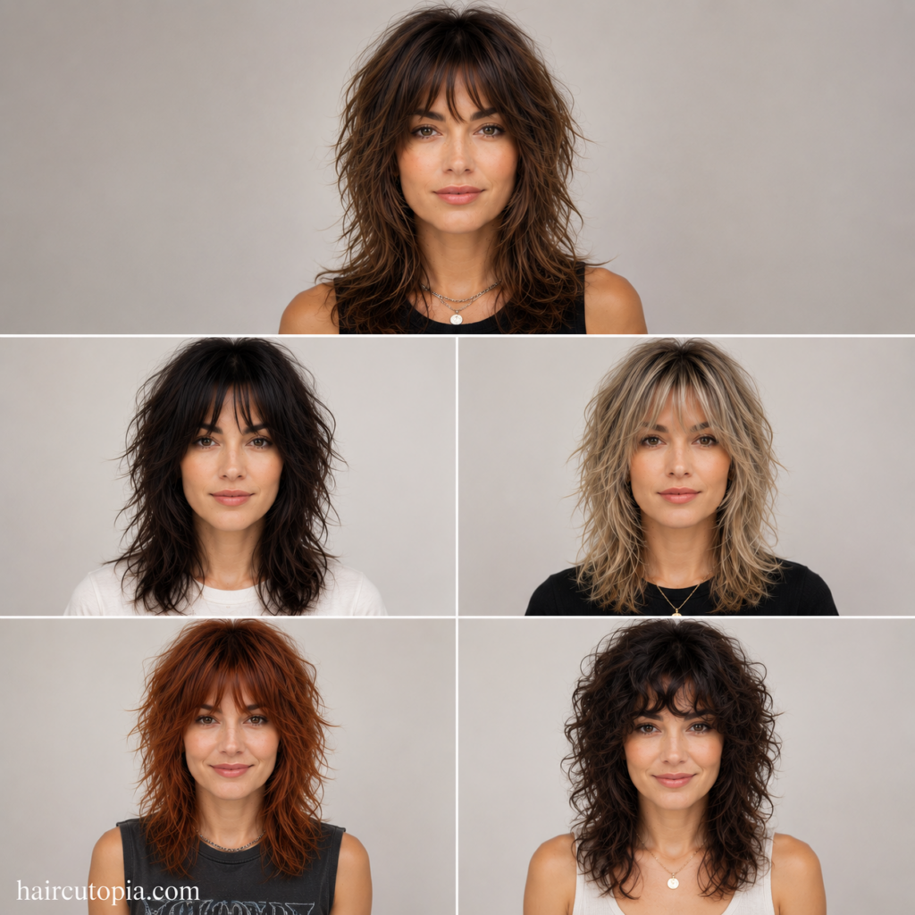 Five-panel collage featuring five front-facing women with different wolf cut hairstyles, showcasing classic, long, soft, curly, and textured wolf cuts.
