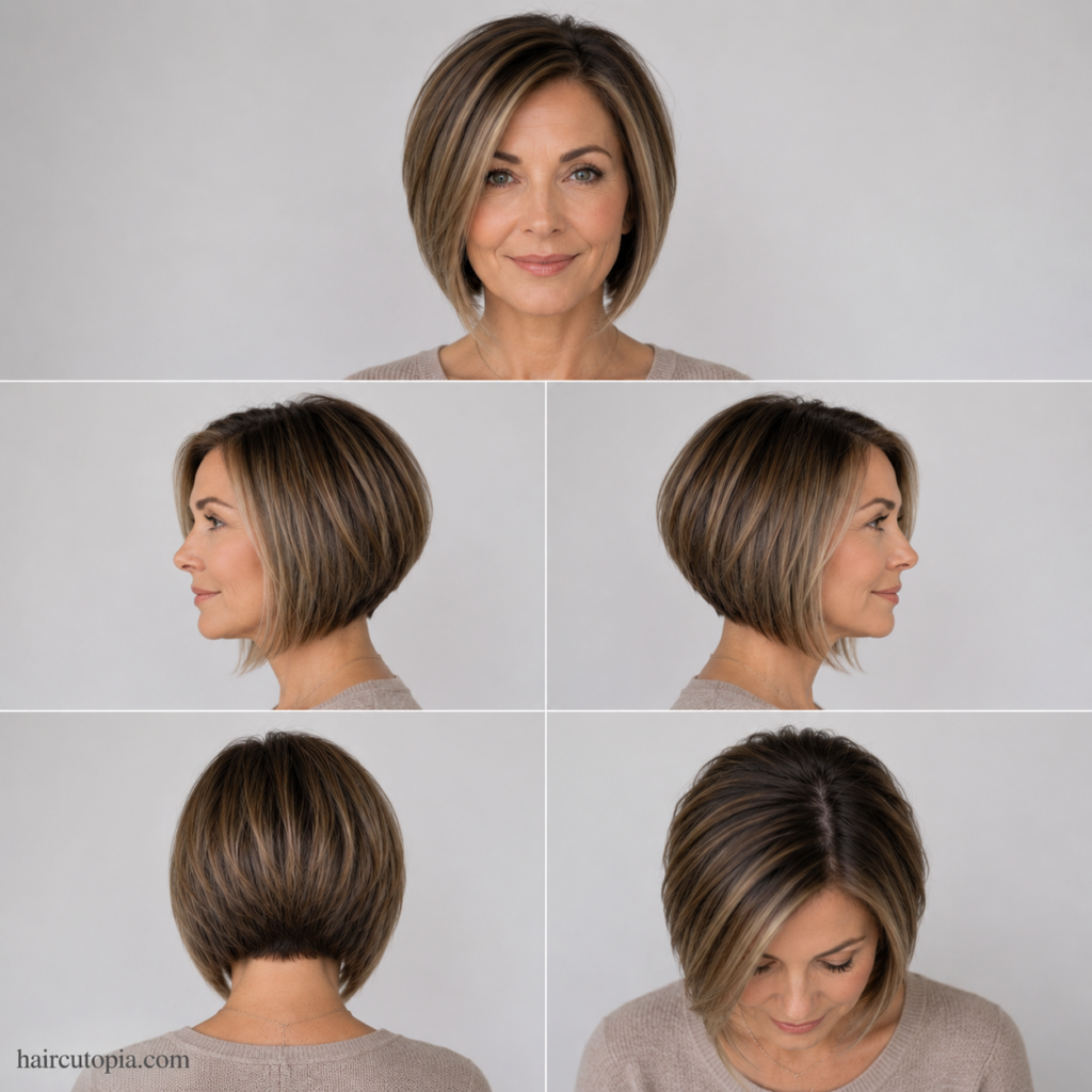Five-view collage of an A-line bob haircut for a busy mom showing the front, left side, right side, back, and top views.