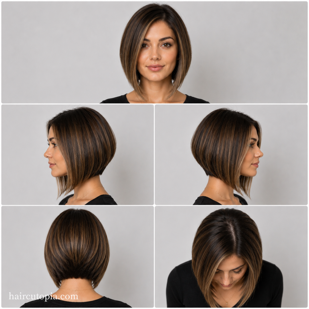 Five-view collage of an A-line bob haircut for a diamond-shaped face showing the front, left side, right side, back, and top views.