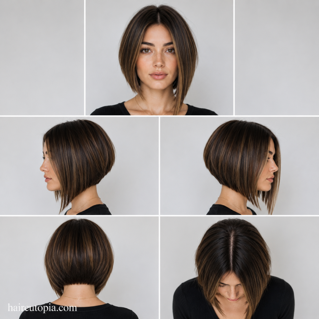 A-line bob haircut shown from front, left side, right side, back, and top views