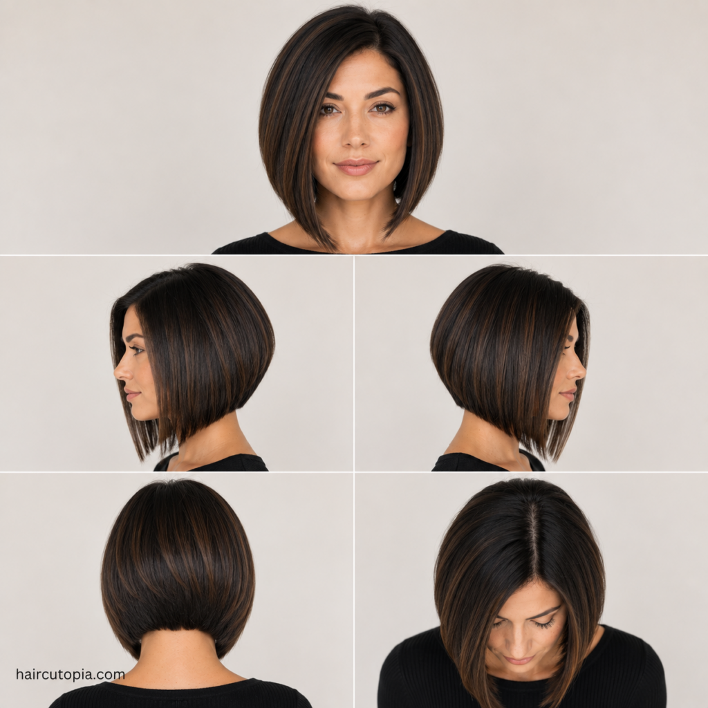 Five-view collage of an A-line bob haircut for coarse hair showing the front, left side, right side, back, and bird's-eye view.