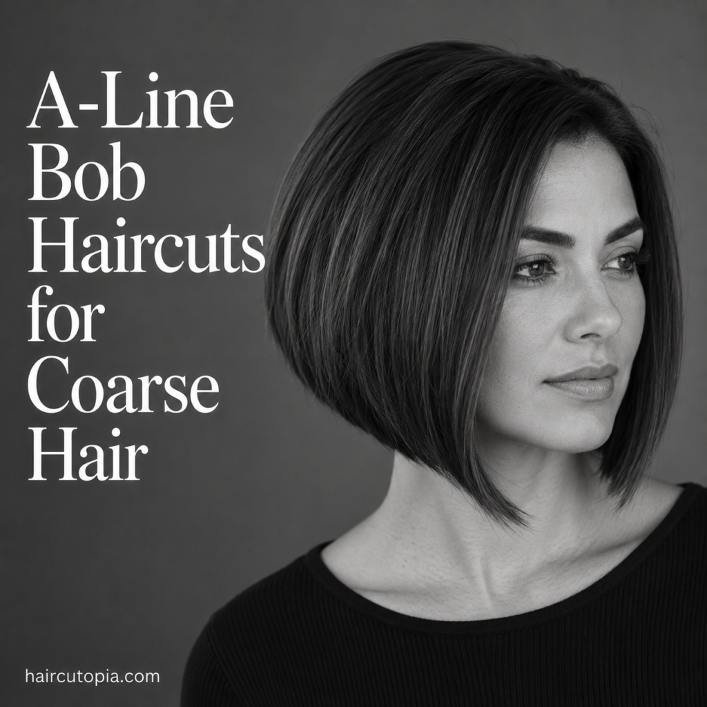 Woman with a sleek A-line bob haircut for coarse hair in a black-and-white editorial portrait highlighting smooth texture, balanced volume, and an angled silhouette.