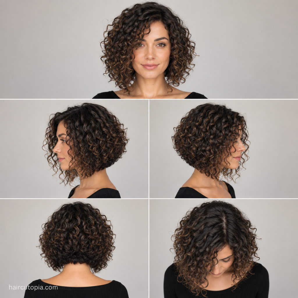 Five-view collage of an A-line bob haircut for curly hair showing the front, left side, right side, back, and bird's-eye view.