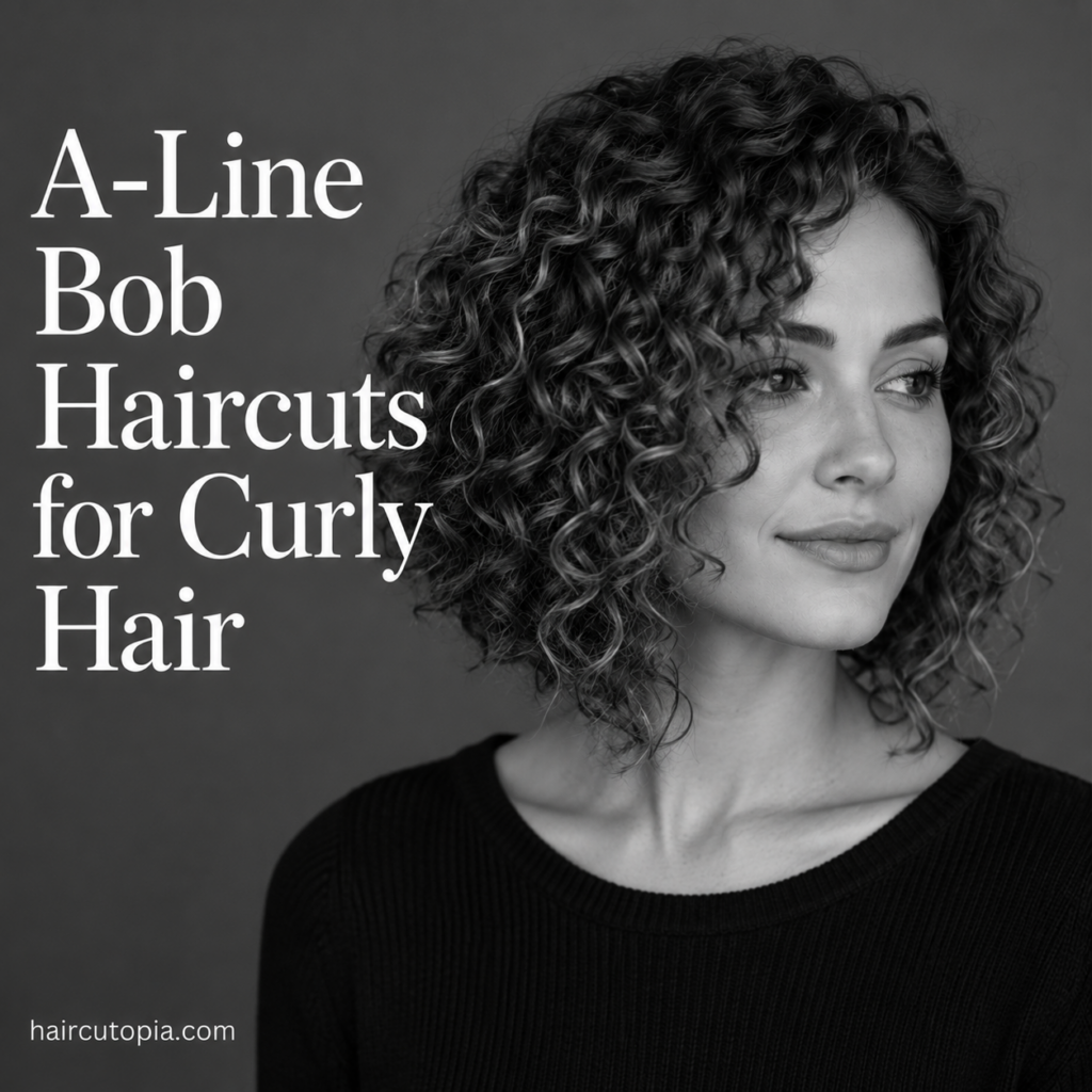 Woman with a naturally curly A-line bob haircut in a black-and-white editorial portrait showcasing defined curls, volume, and an angled silhouette.
