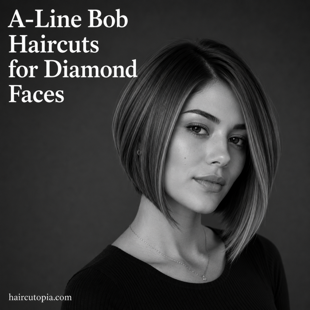 Woman with a sleek A-line bob haircut styled to complement a diamond-shaped face.