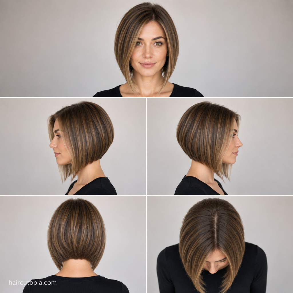 Five-view collage of an A-line bob haircut for fine hair showing the front, left side, right side, back, and bird's-eye view.