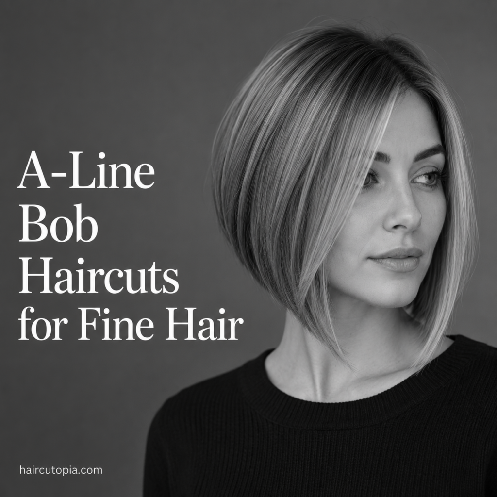Woman with a sleek A-line bob haircut for fine hair in a black-and-white editorial portrait highlighting volume, movement, and clean angled lines.