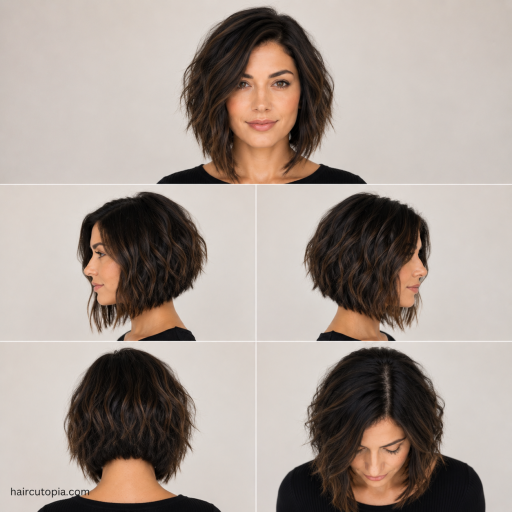 Five-view collage of an A-line bob haircut for frizzy hair showing the front, left side, right side, back, and bird's-eye view.