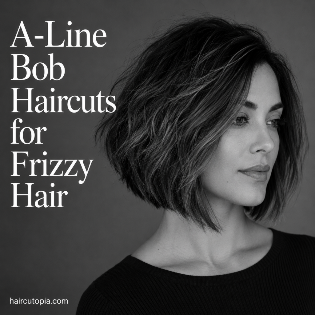 Woman with a textured A-line bob haircut for frizzy hair in a black-and-white editorial portrait highlighting natural volume, movement, and an angled silhouette.