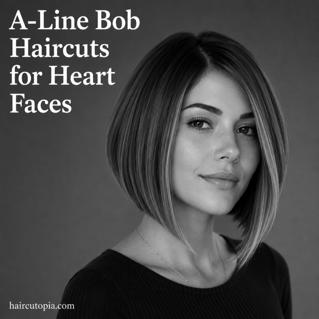 Woman with a sleek A-line bob haircut styled to flatter a heart-shaped face.