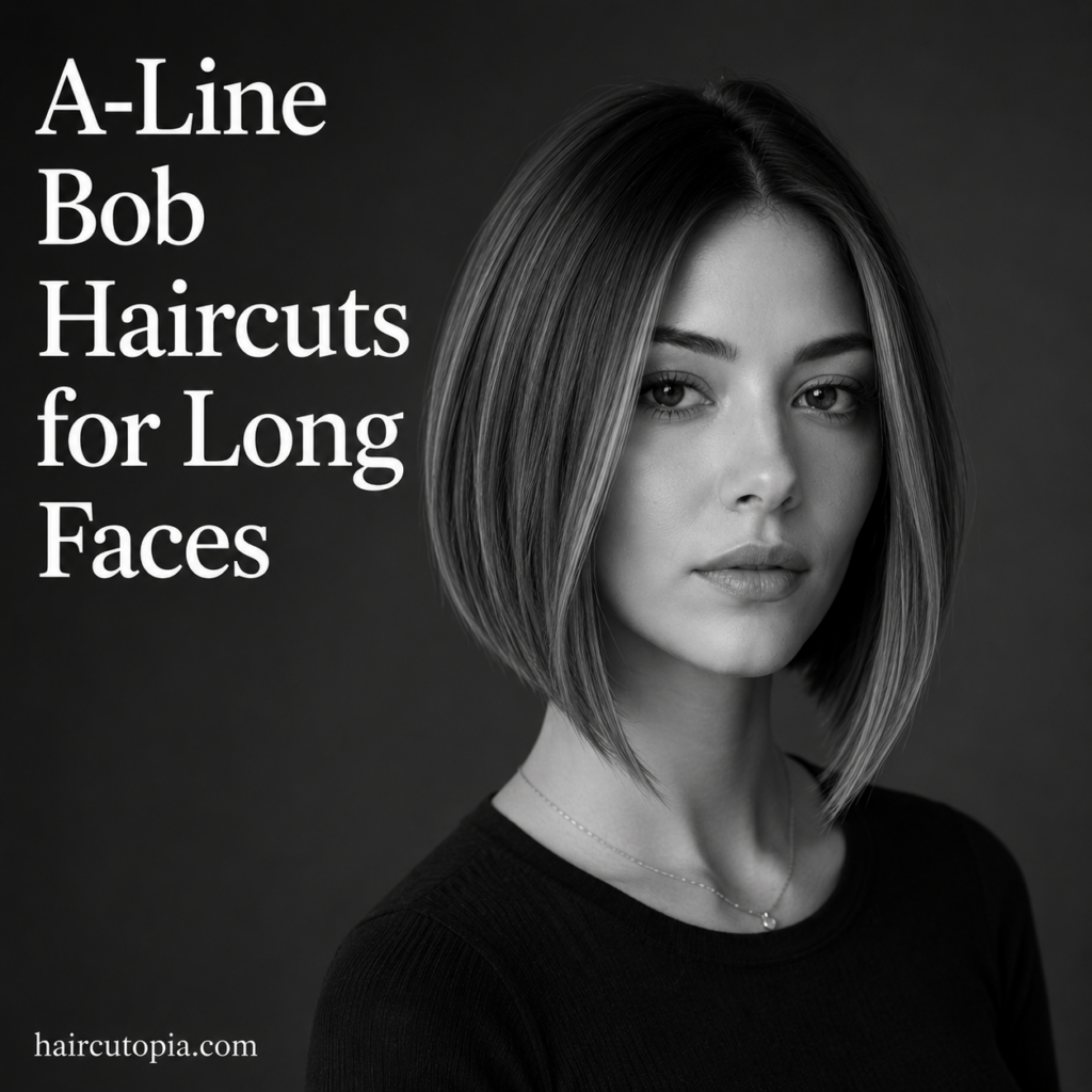 Woman with a sleek A-line bob haircut styled to flatter a long face shape.