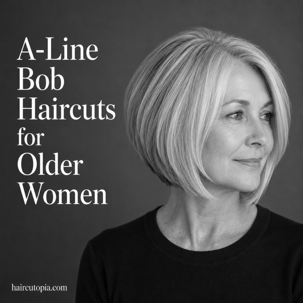 Older woman with a sleek A-line bob haircut featuring a shorter rounded back and longer face-framing front pieces.