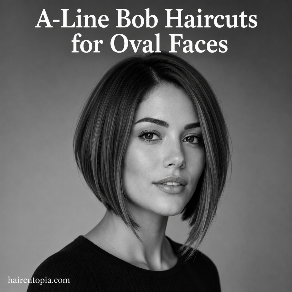 Woman with a sleek A-line bob haircut styled to complement an oval face shape.