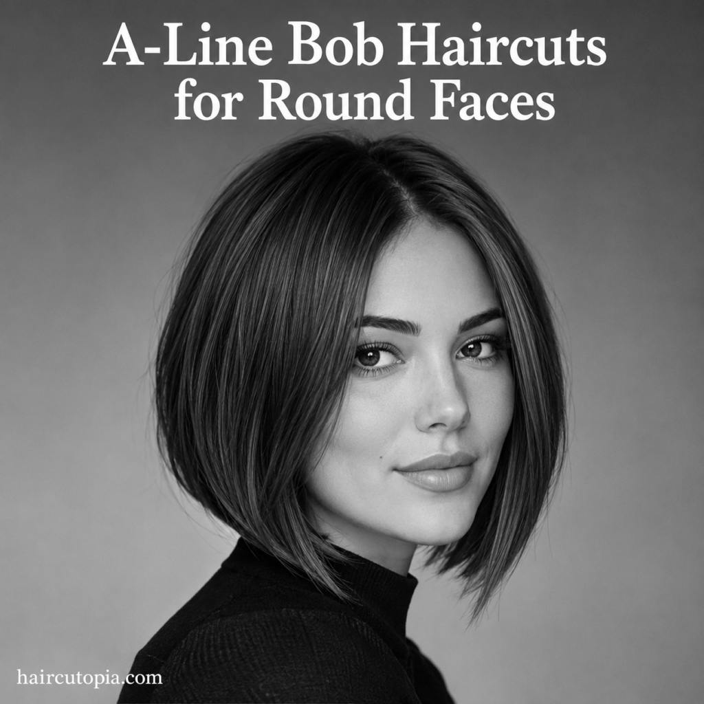 Woman with a sleek A-line bob haircut styled to flatter a round face.