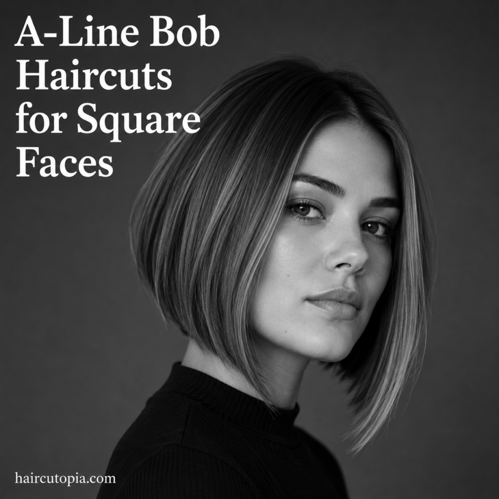 Woman with a sleek A-line bob haircut styled to flatter a square face shape.