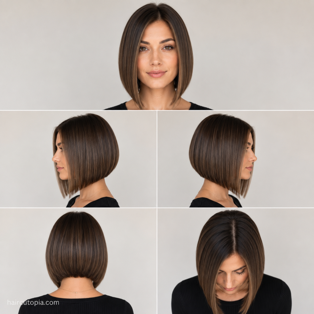 Five-view collage of an A-line bob haircut for straight hair showing the front, left side, right side, back, and bird's-eye view.