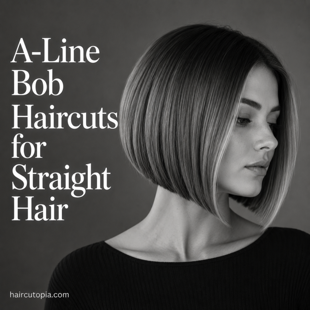 Woman with a sleek A-line bob haircut for straight hair in a black-and-white editorial portrait highlighting smooth texture, precision lines, and an angled silhouette.