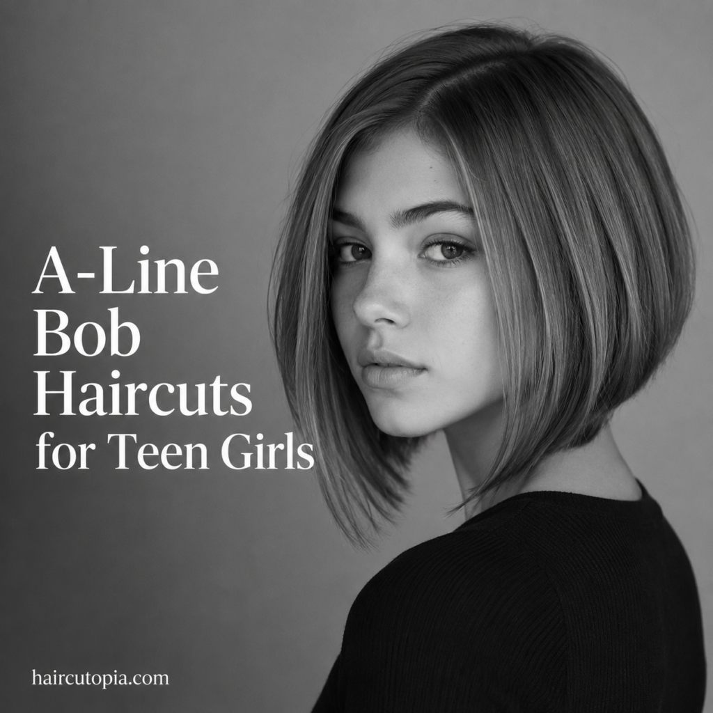 Teen girl with a sleek A-line bob haircut in a black-and-white studio portrait.