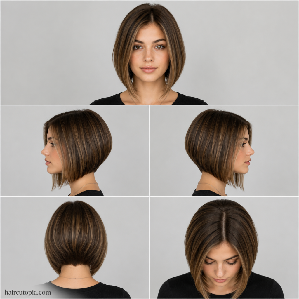 Five-view collage of a teen girl with an A-line bob haircut showing the front, left side, right side, back, and top views.