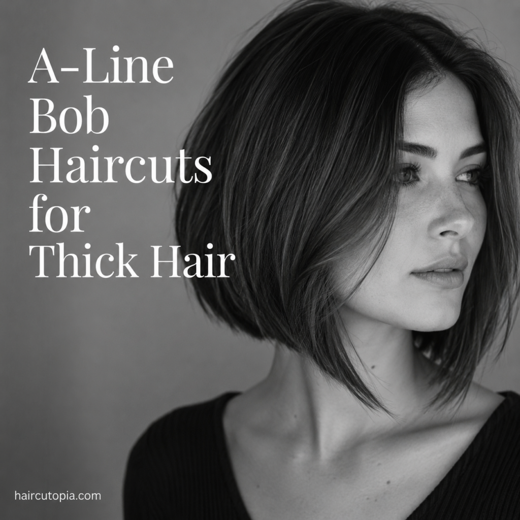 Woman with a sleek A-line bob haircut styled for thick hair in a modern black-and-white editorial portrait.