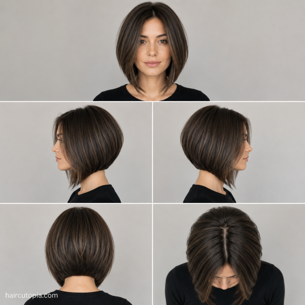 Five-view collage of an A-line bob haircut for thick hair showing the front, left side, right side, back, and top view.