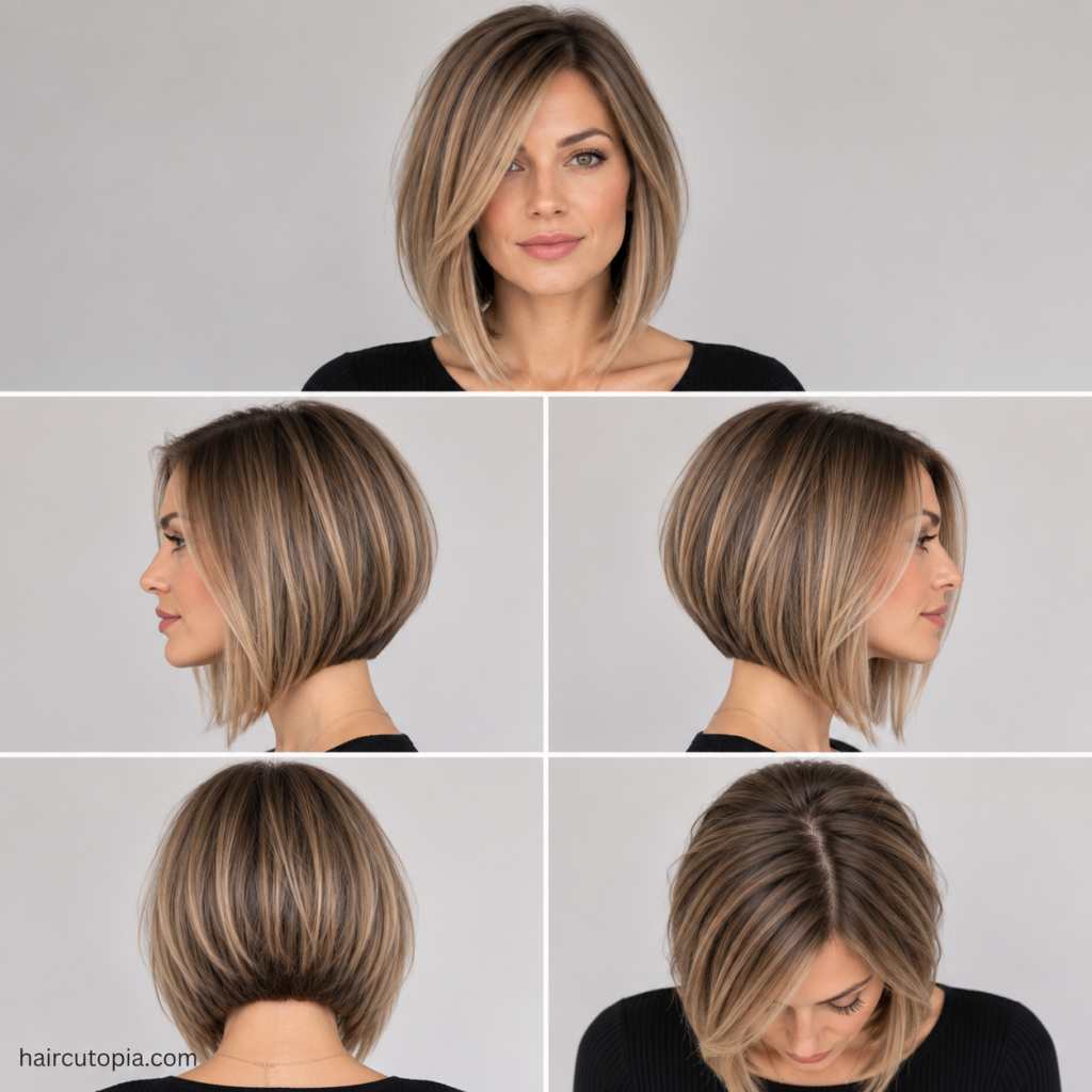 Five-view collage of an A-line bob haircut for thin hair showing the front, left side, right side, back, and bird's-eye view.