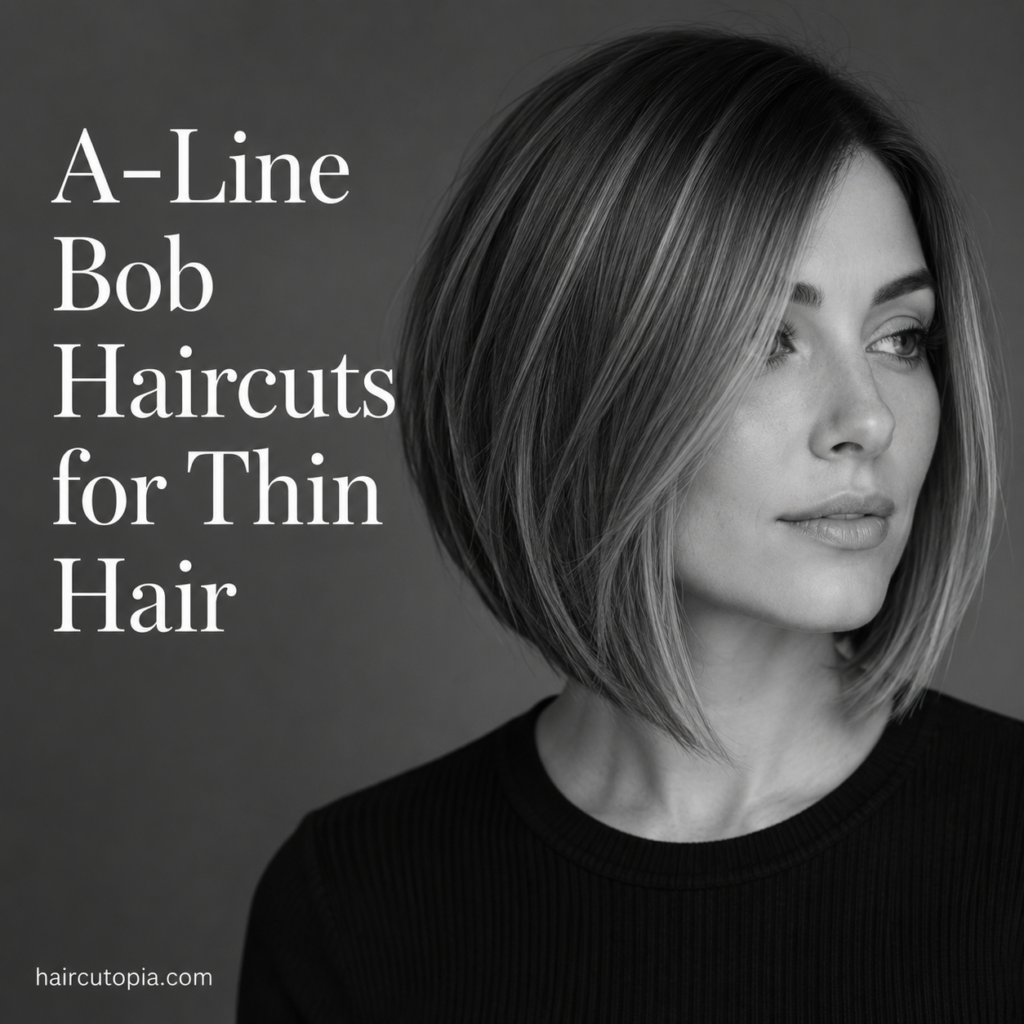 Woman with a sleek A-line bob haircut for thin hair in a black-and-white editorial portrait highlighting volume and clean angled lines.